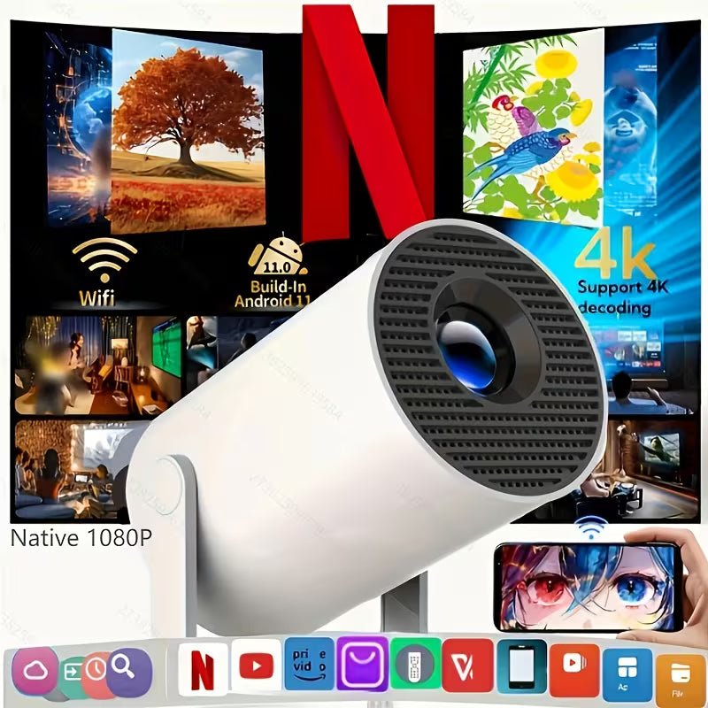 HY300 Auto  SuPortable Mini Projectorpports Local 1080P, Decodes 4K, Dual-Band WIFI6 5G Wireless