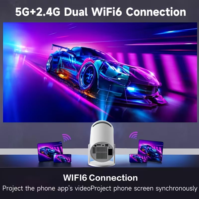HY300 Auto  SuPortable Mini Projectorpports Local 1080P, Decodes 4K, Dual-Band WIFI6 5G Wireless