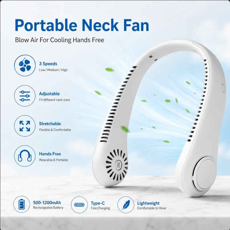 Portable Neck Fan Hands Free Bladeless Neck Fan, 360° Cooling Hanging Fan, 3 Wind Speed Personal Neck Fan